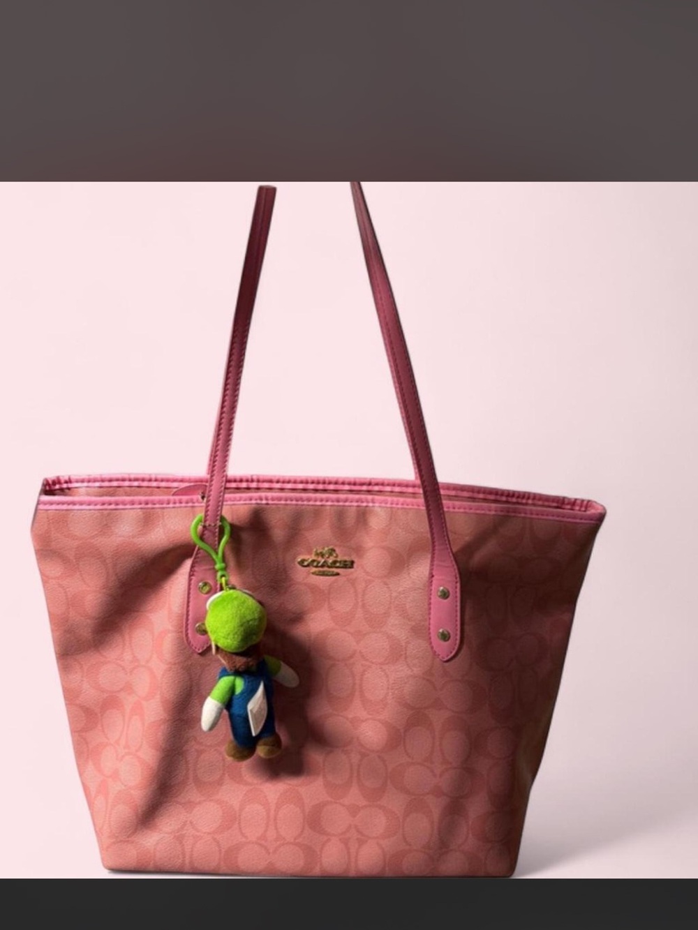 Coach Pink Signature Tote with Green Plush Charm